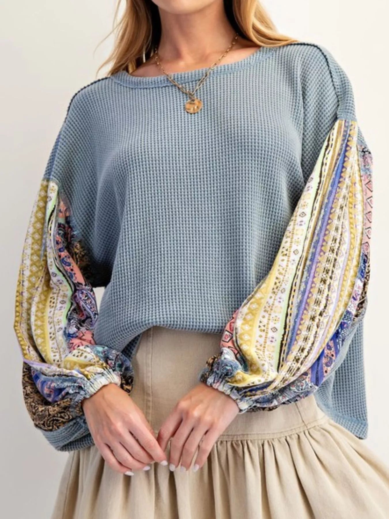 Waffle Knit Round Neck Dropped Shoulder Sweatshirt Blue OutfitFlow