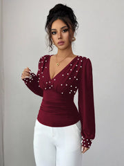 Pearl Embellished V-Neck Blouse OutfitFlow