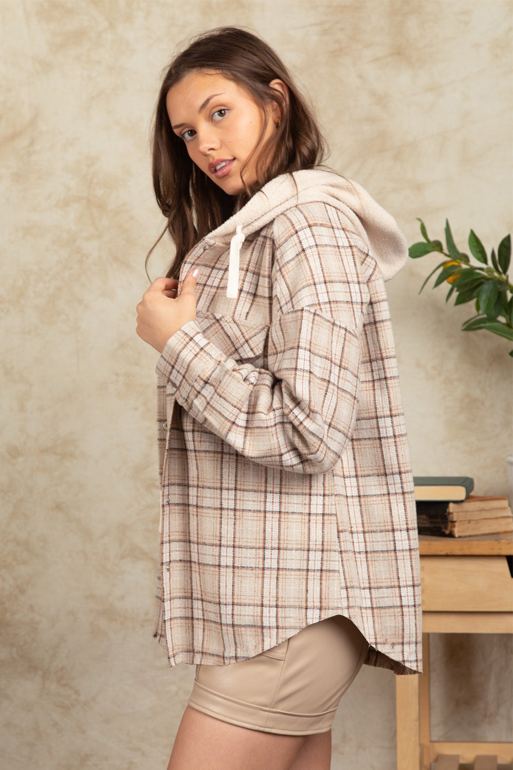 Outfit Flow - Drawstring Plaid Long Sleeve Hooded Jacket