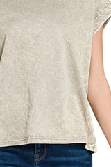 Zenana Crinkle Washed Round Neck Folded Short Sleeve Tee OutfitFlow