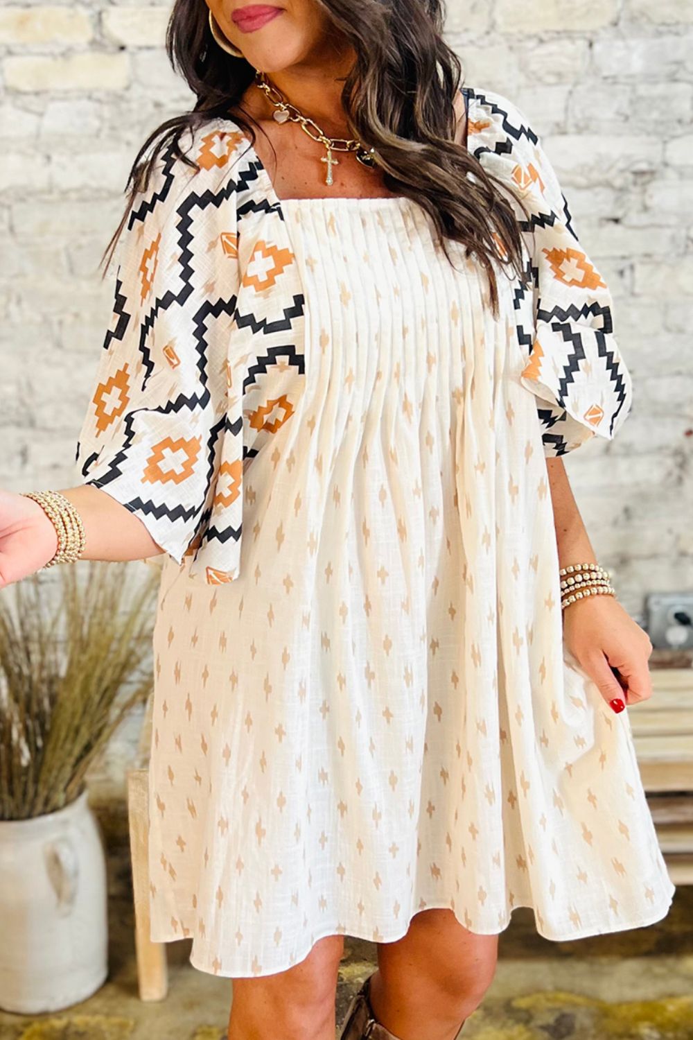 Geometric Square Neck Half Sleeve Mini Dress OutfitFlow