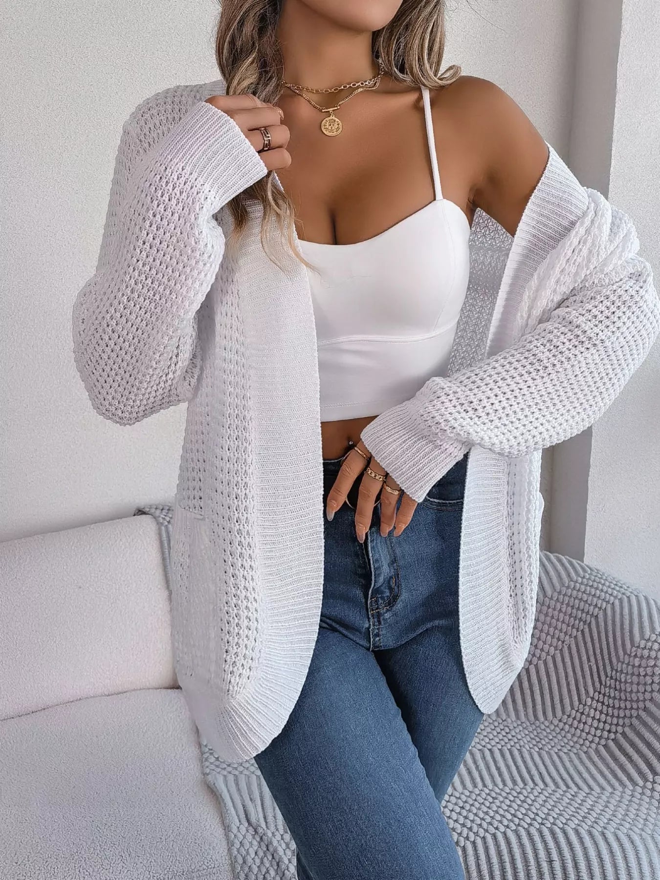 Chunky Knit Open Front Cardigan with Pockets OutfitFlow