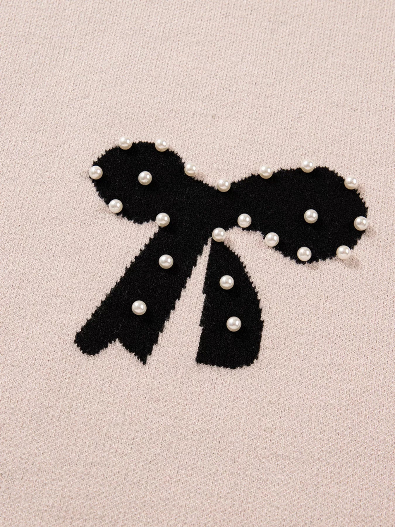 Pearl Embellished Bow Pattern Loose Sweater OutfitFlow