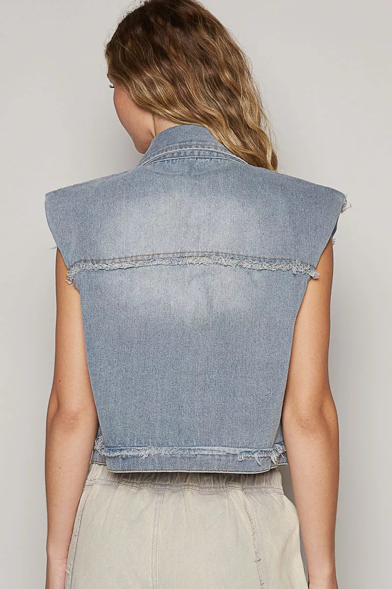 POL Assymetrical Front Closure Raw Hem Denim Vest OutfitFlow
