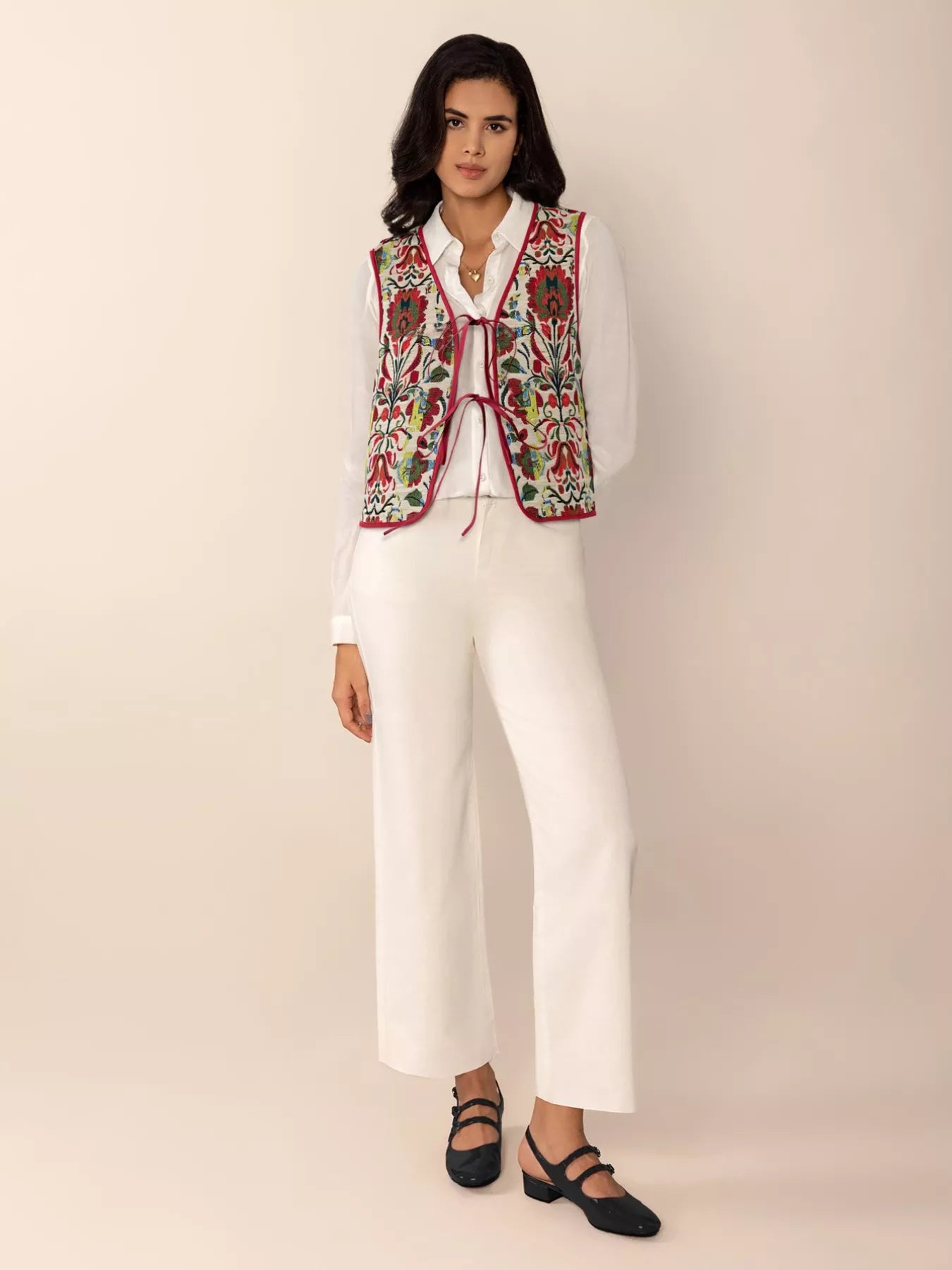 Floral Embroidered Tie-Front Vest Coat OutfitFlow