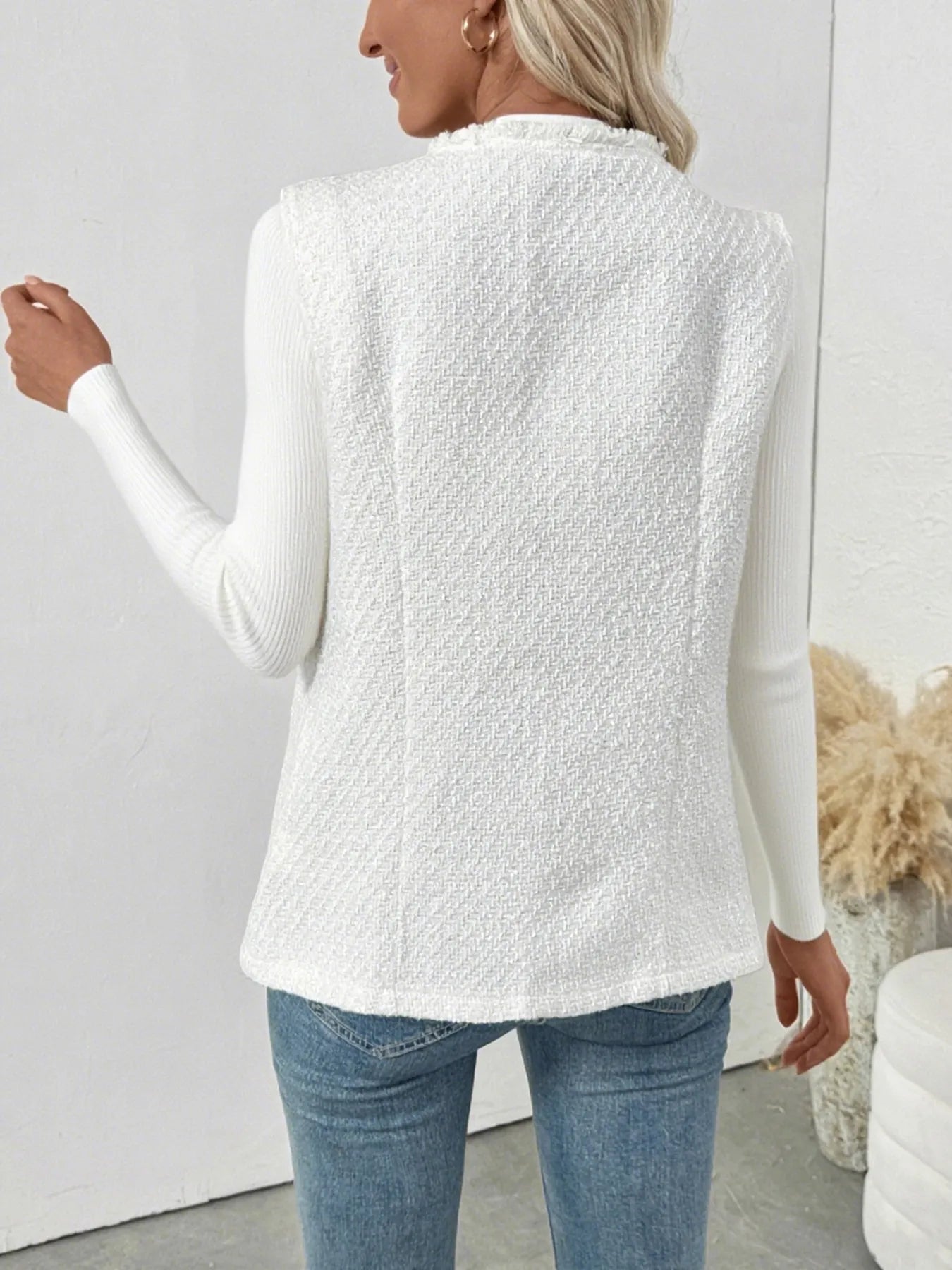 Textured Button-Front Vest with Raw Edge OutfitFlow