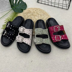 Double Buckle Open Toe Flat Sandals OutfitFlow