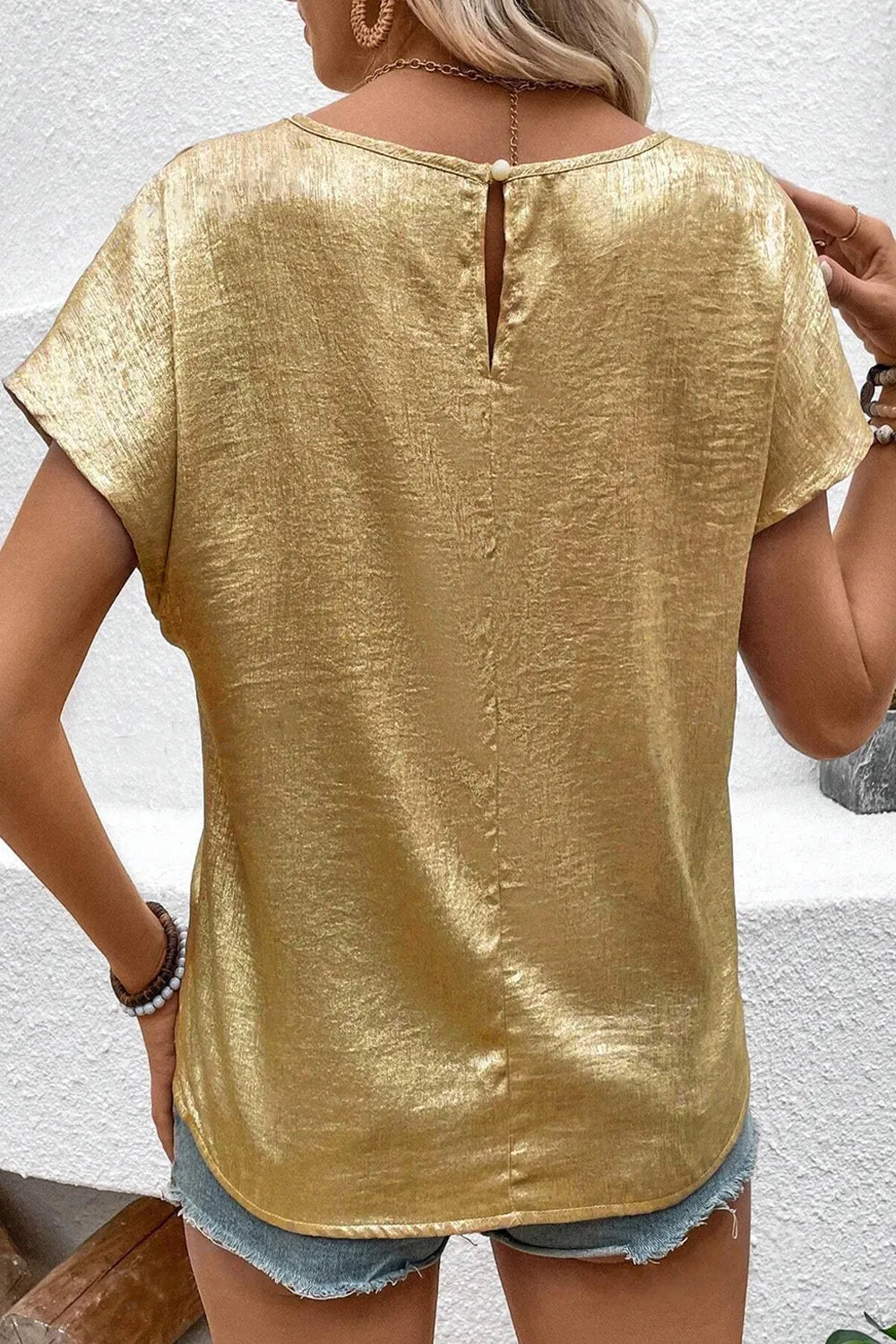 Metallic Gold Short Sleeve Casual Blouse OutfitFlow