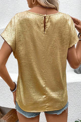 Metallic Gold Short Sleeve Casual Blouse OutfitFlow