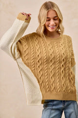 BiBi Cable Knit With Hacci Combo Sweater With Uneven Hem Detail Trendsi