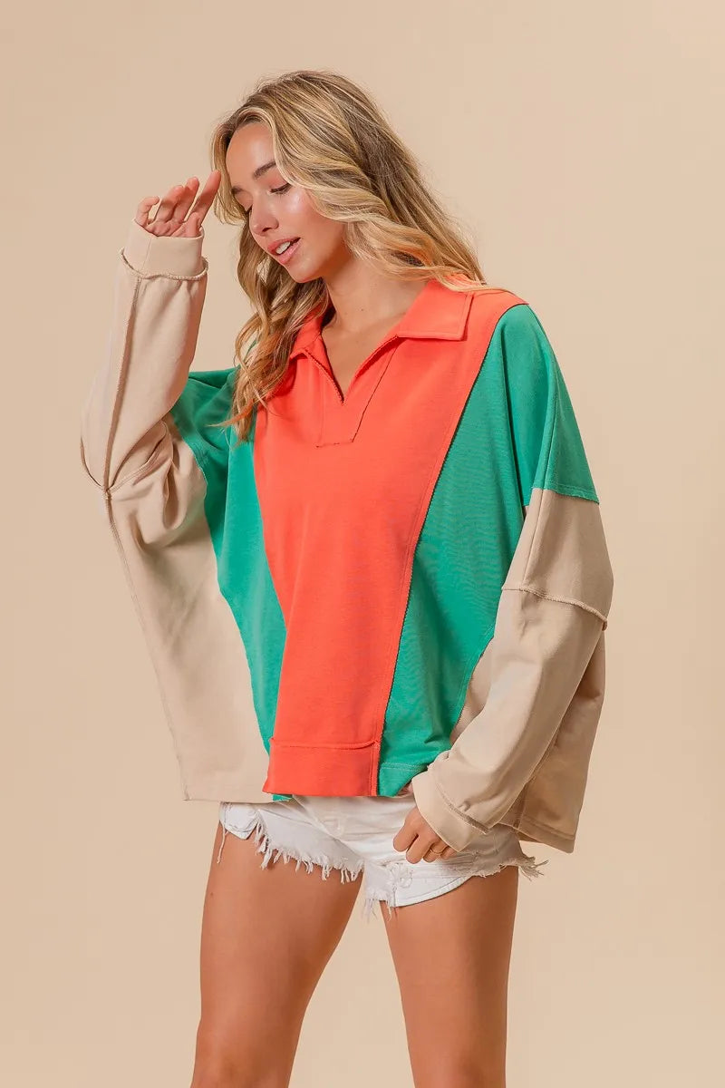 BiBi Colorblock Exposed Seam French Terry Sweatshirt OutfitFlow