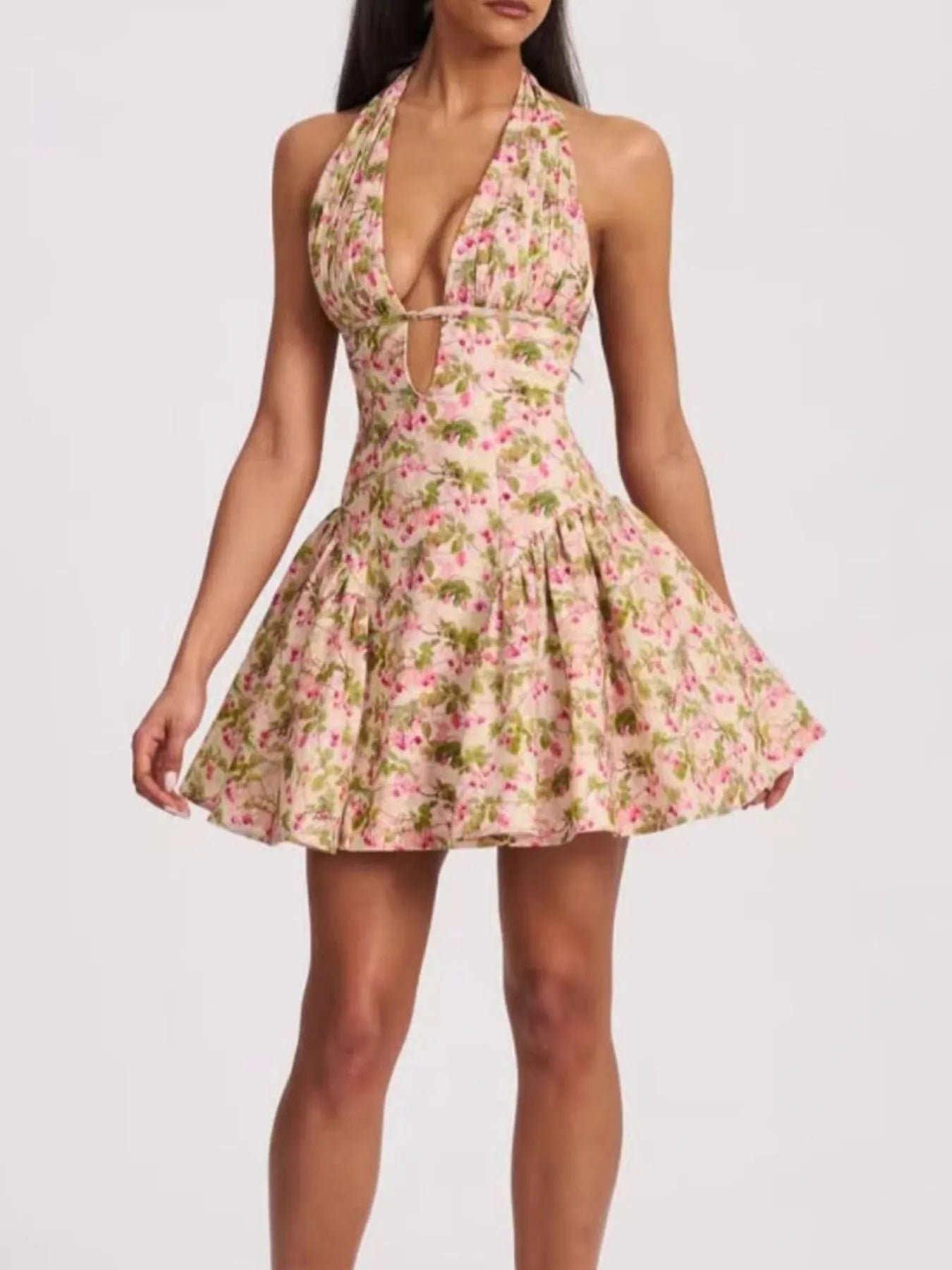 Floral Halter Neck Mini Dress OutfitFlow