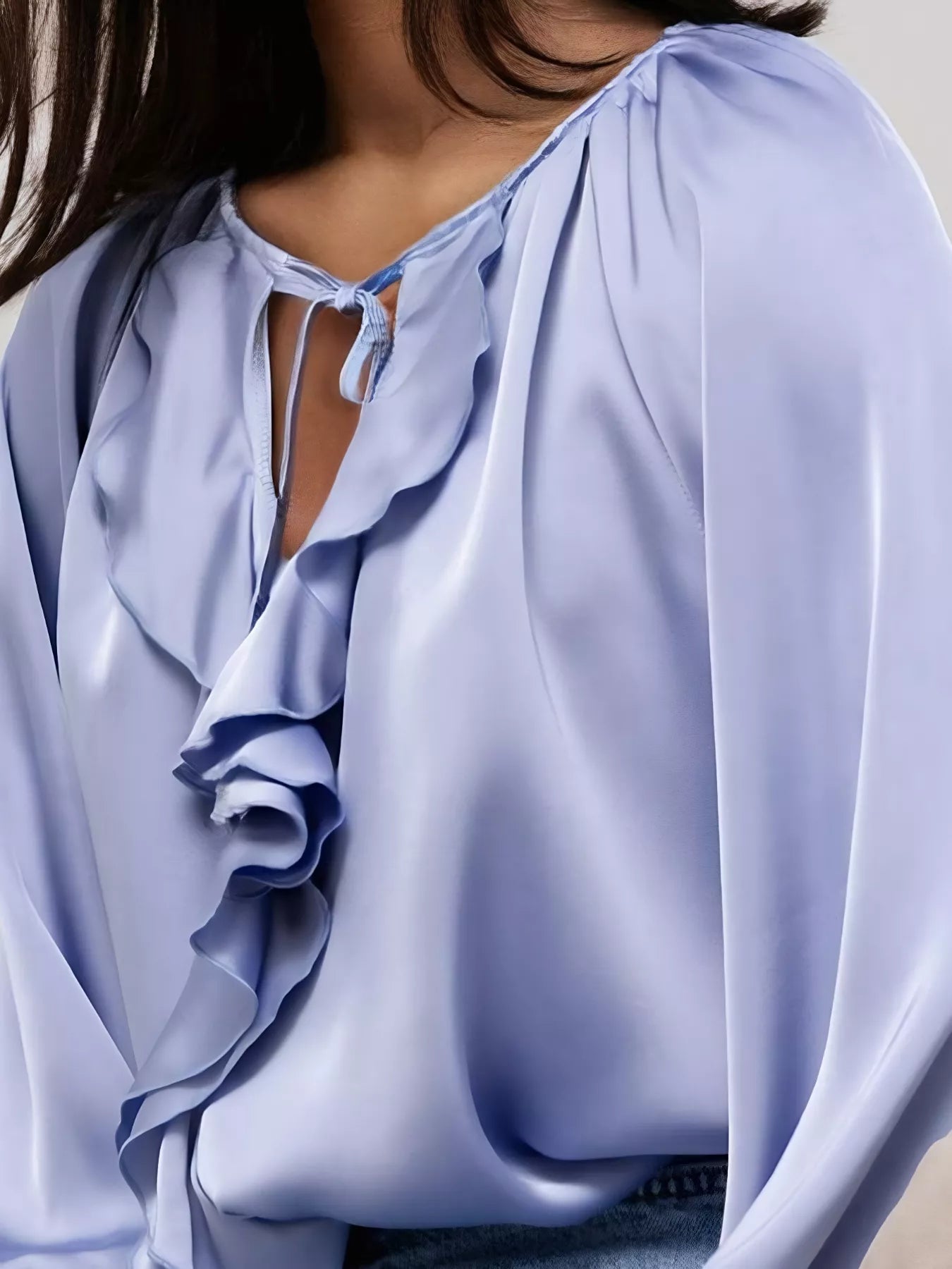 Ruffle Trim Satin Flounce Sleeve Blouse OutfitFlow