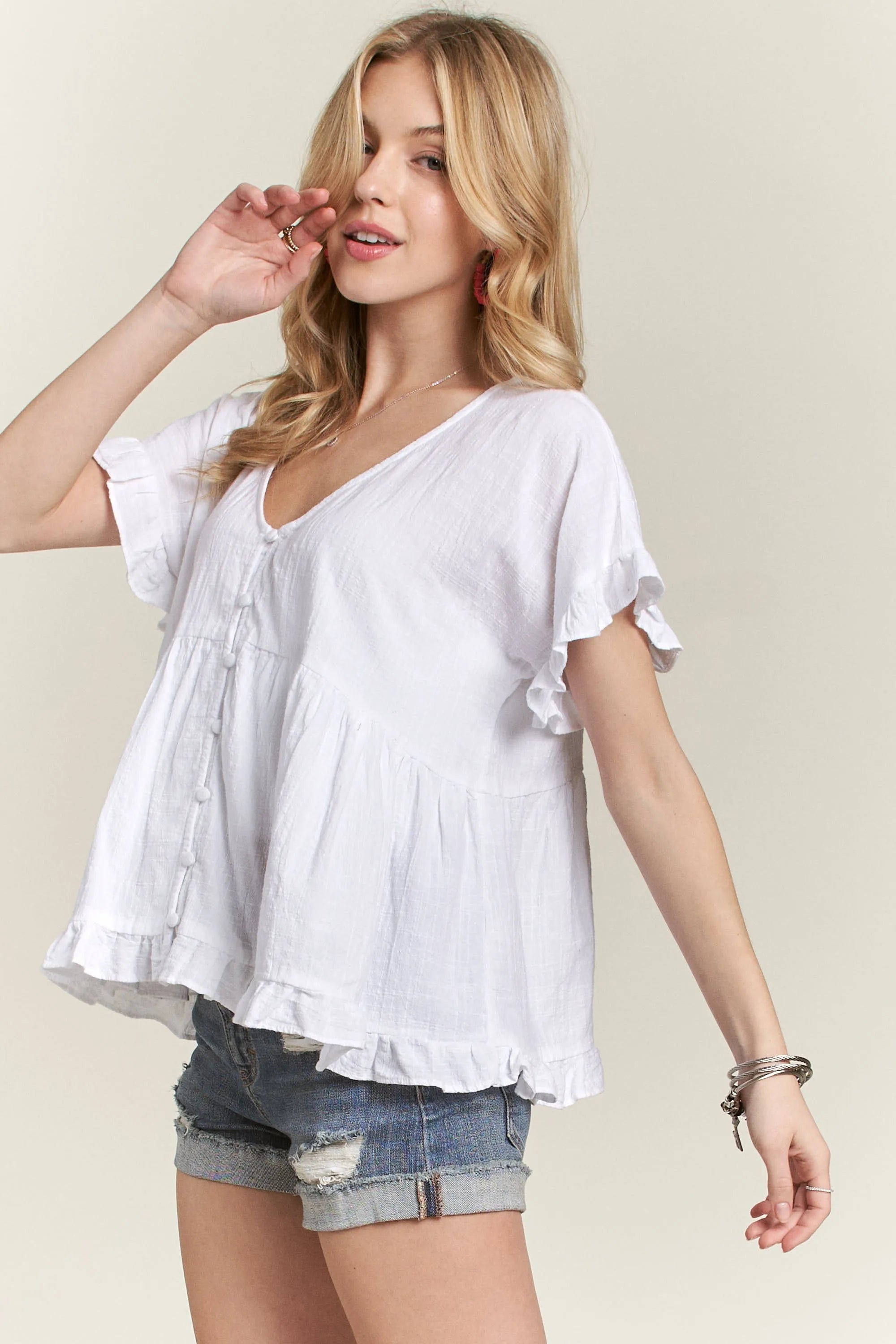 ADORA Button Down Ruffled Babydoll Blouse OutfitFlow