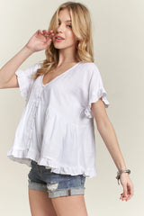 ADORA Button Down Ruffled Babydoll Blouse OutfitFlow