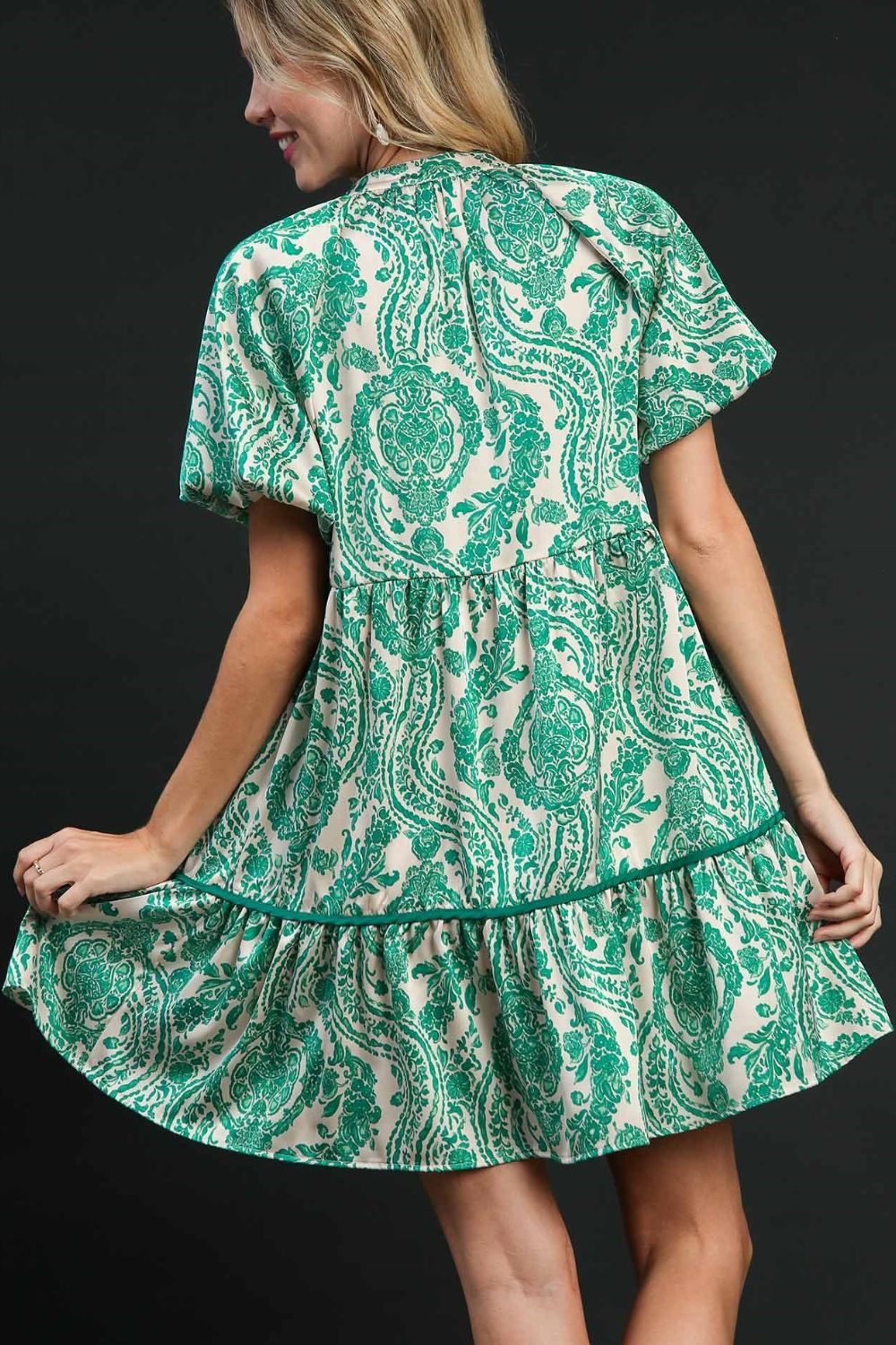 Umgee Full Size Printed Notched Puff Sleeve Mini Dress Plus Size OutfitFlow