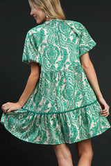 Umgee Full Size Printed Notched Puff Sleeve Mini Dress Plus Size OutfitFlow