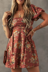 Floral Puff Sleeve Square Neck Knot Open Back Mini Dress OutfitFlow