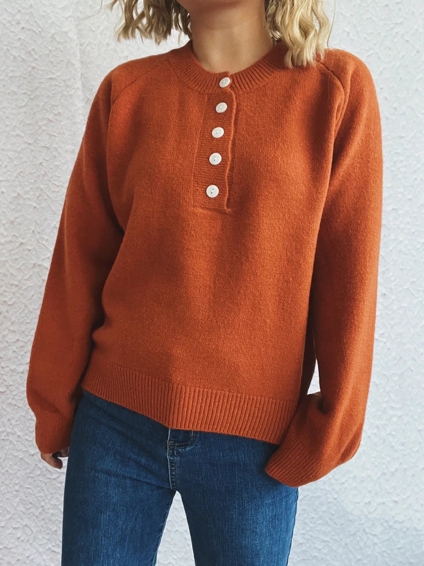 Button-Front Long Sleeve Sweater OutfitFlow