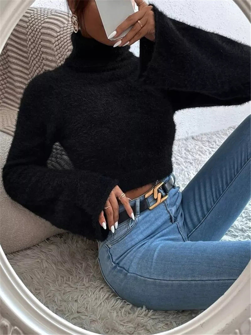 Fluffy Knit Turtleneck Bell Sleeve Cropped Sweater OutfitFlow
