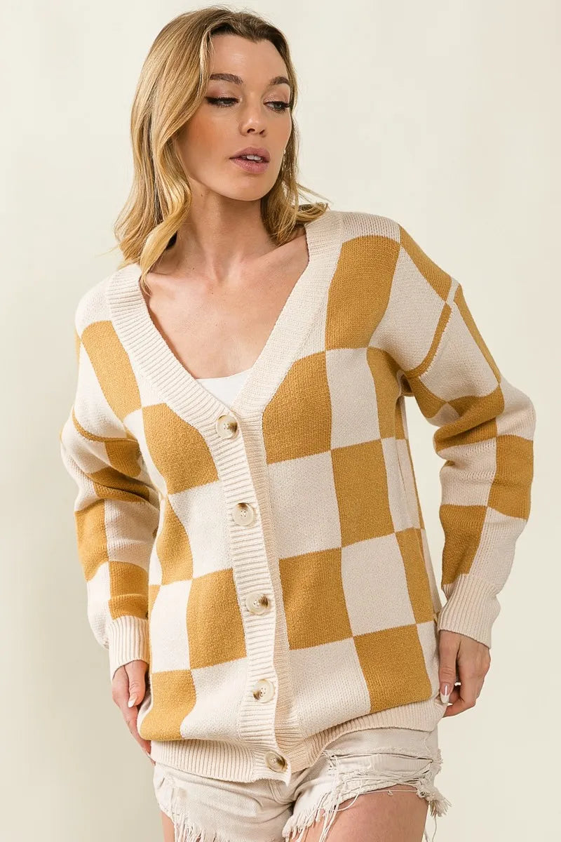 BiBi Checked V-neck Cardigan OutfitFlow