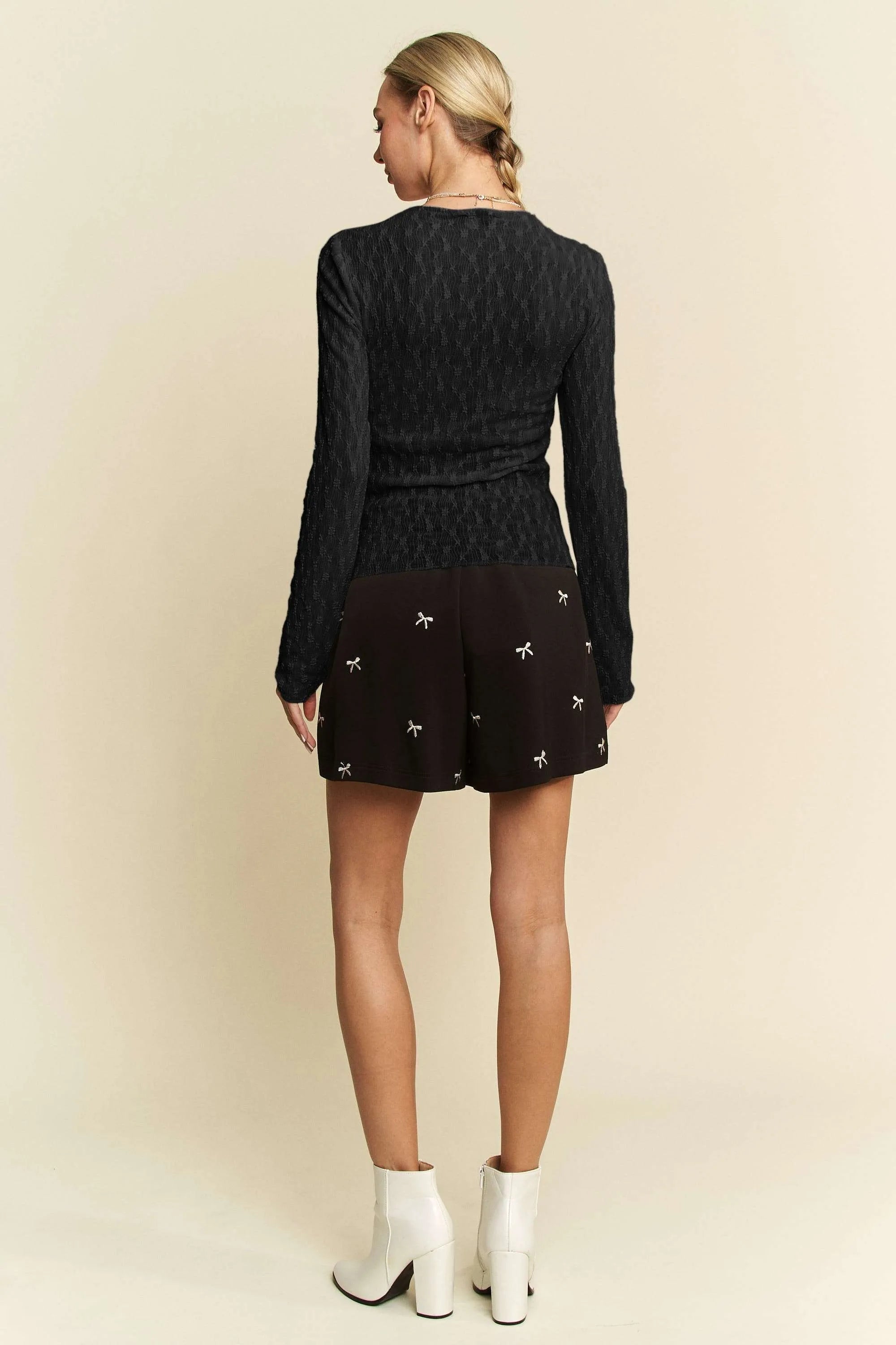Davi & Dani Long Sleeve Sheer Small Embroidered Bows Lace Top OutfitFlow