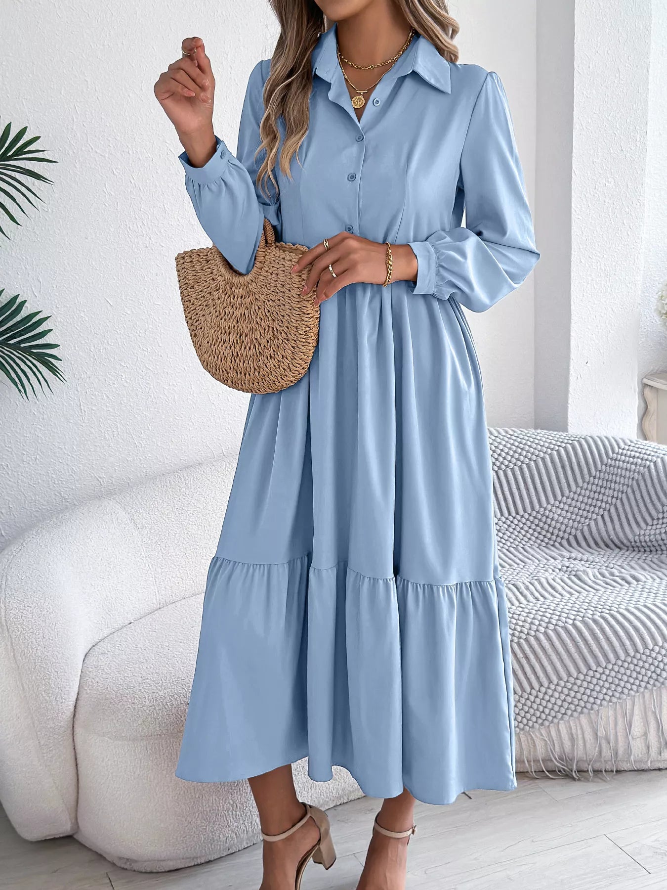 Long Sleeve Tiered Button Front Midi Dress OutfitFlow