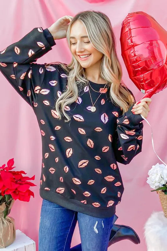 And The Why Kiss Pink Foil Allover Print Pullover Sweatshirts OutfitFlow