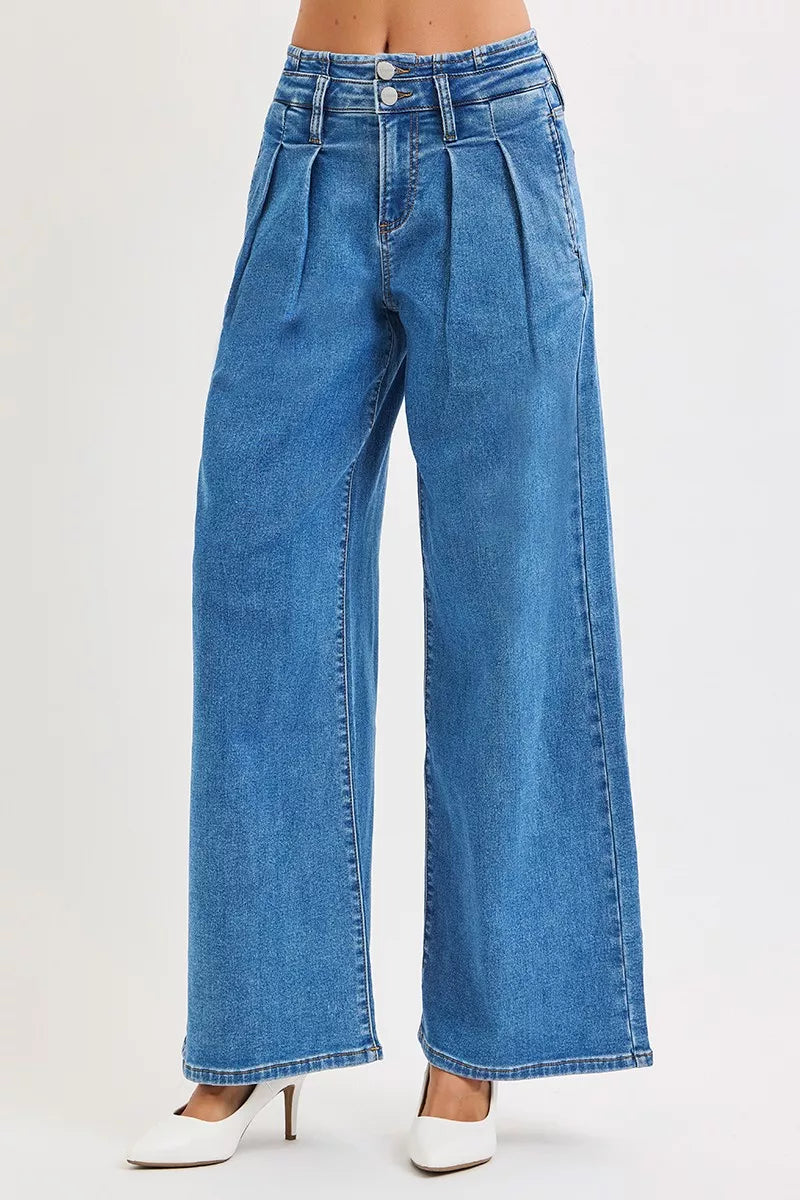 RISEN Full Size Mid Rise Fit Wide Leg with Pleated Detail Jeans Plus Size OutfitFlow