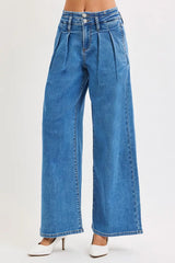 RISEN Full Size Mid Rise Fit Wide Leg with Pleated Detail Jeans Plus Size OutfitFlow