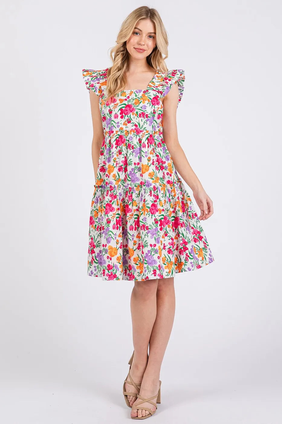 Mittoshop Flower Print Ruffle Shoulder A-line Mini Dress OutfitFlow