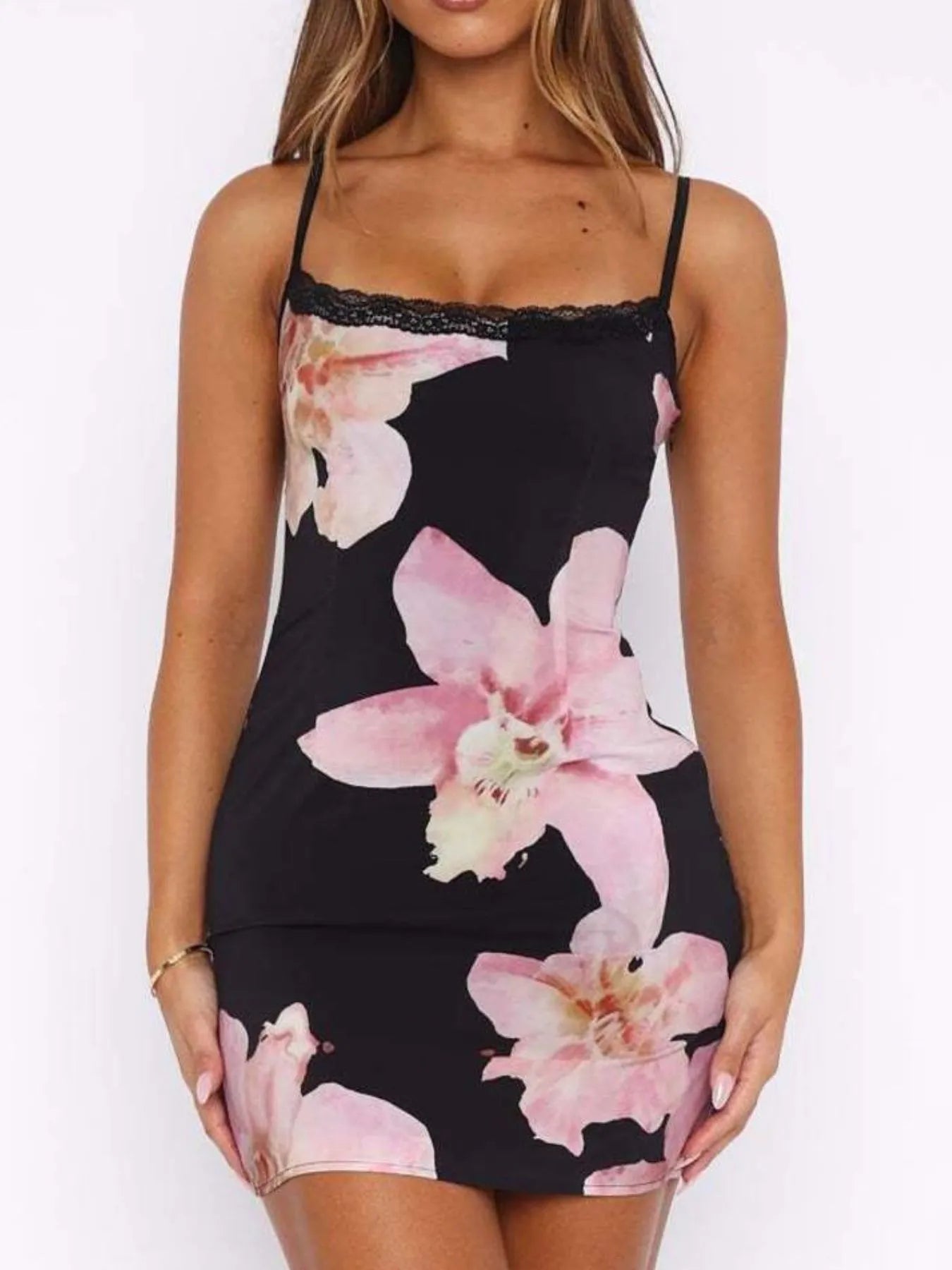 Floral Print Bodycon Cami Dress with Lace Trim OutfitFlow
