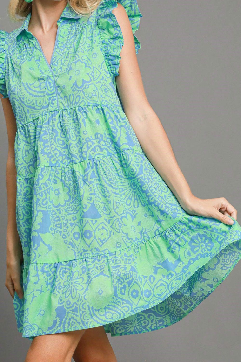 Umgee Full Size Printed Ruffle Cap Sleeve Babydoll Dress Plus Size Gum Leaf OutfitFlow