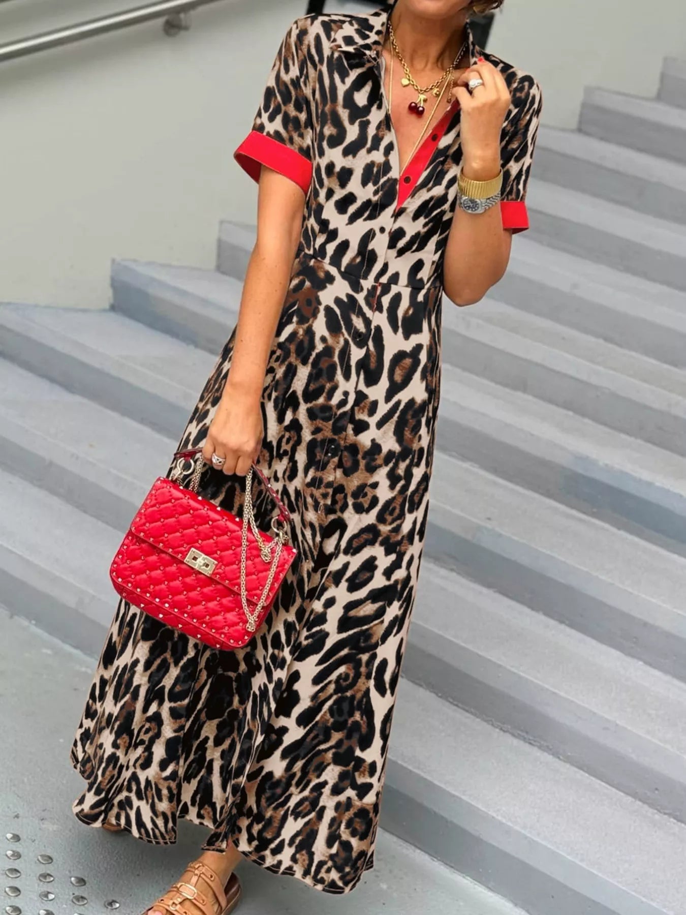 Leopard Print Button-Down Dress with Contrast Trim OutfitFlow