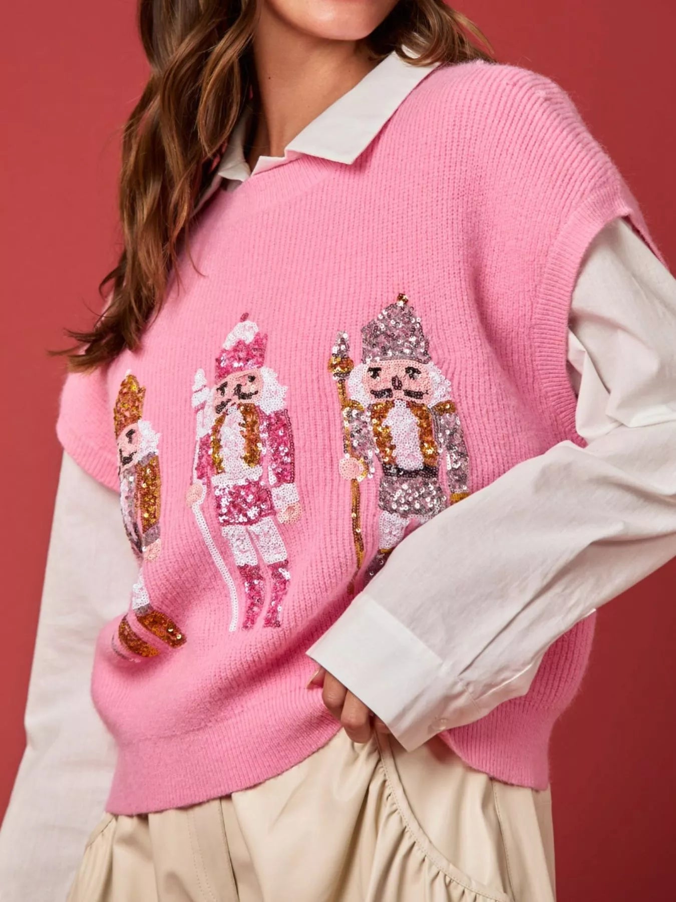 Christmas Sequin Round Neck Sweater Vest OutfitFlow
