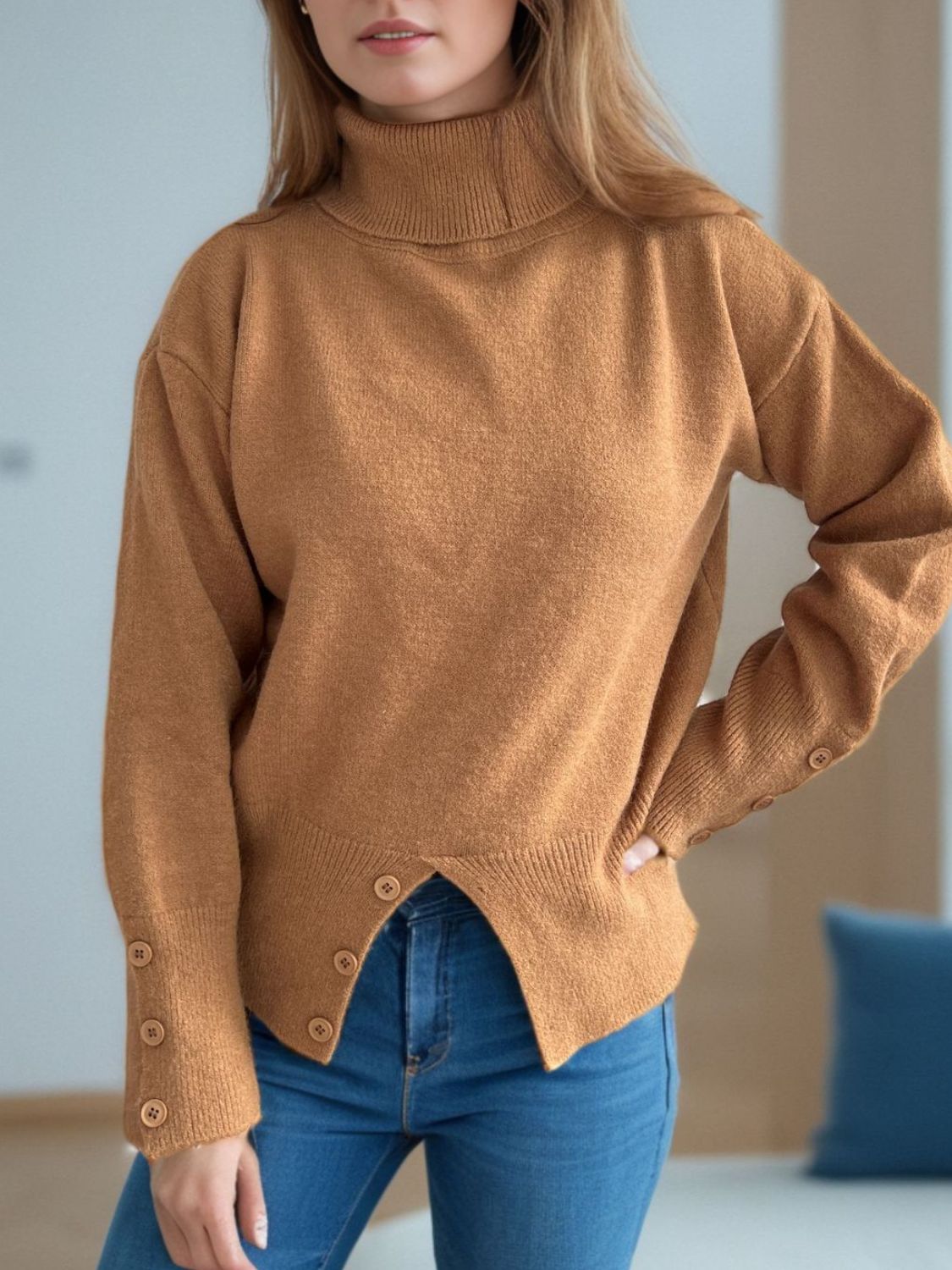 Front Slit Decorative Button Turtleneck Sweater