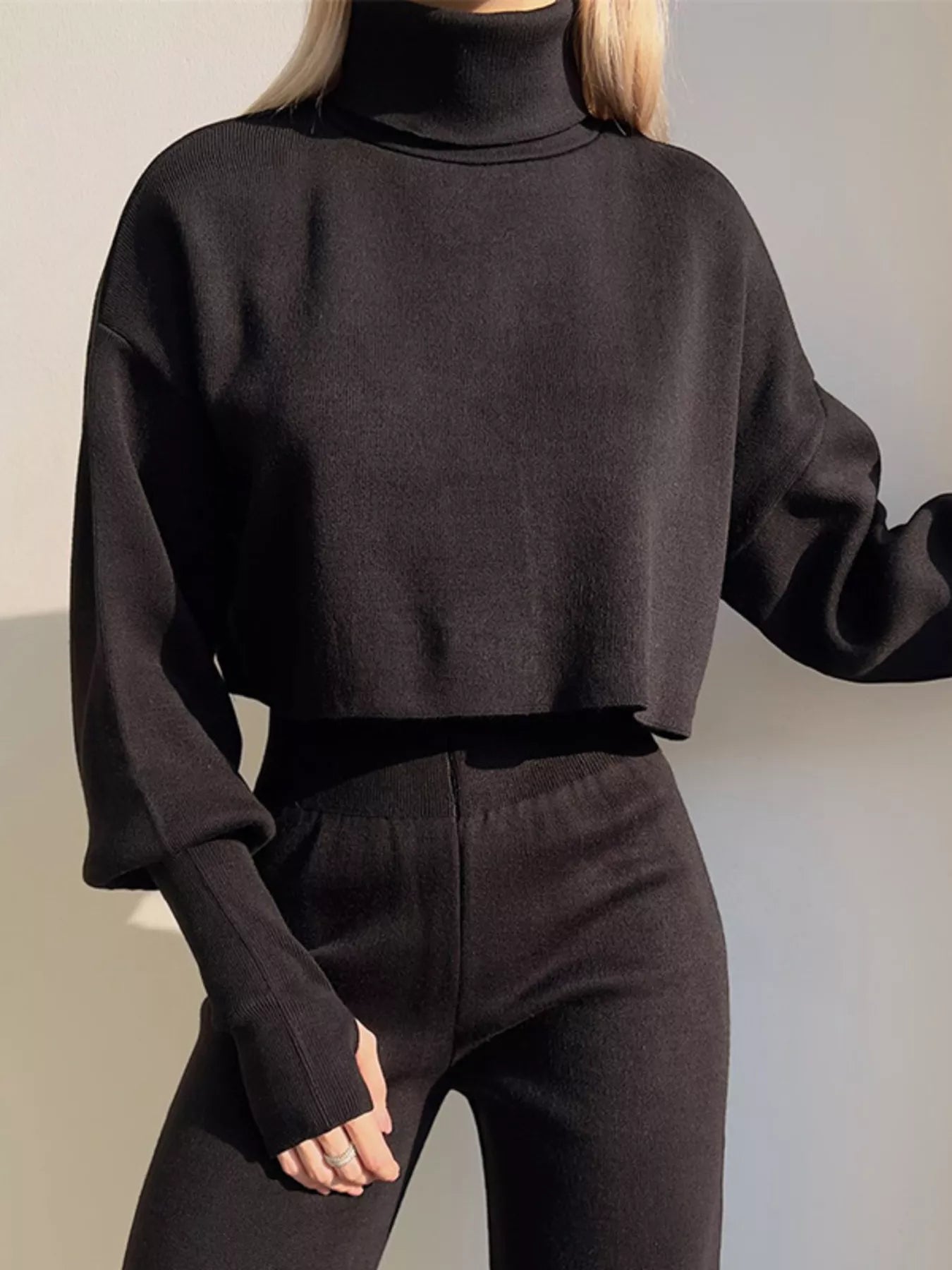 Turtleneck Long Sleeve Top & Pants Set OutfitFlow