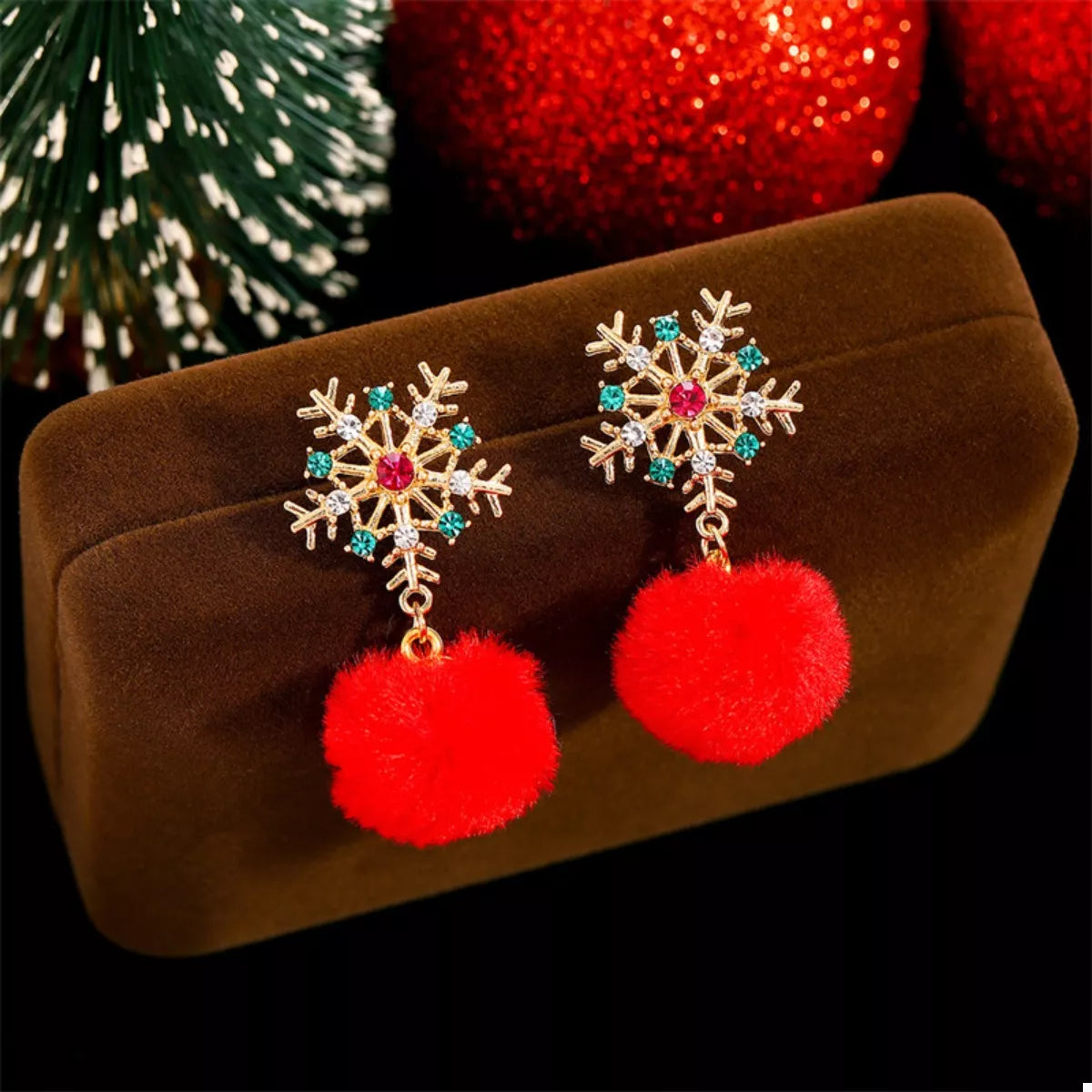 Christmas Snowflake Pom Pom Drop Earrings Red One Size OutfitFlow