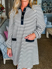 Stripe Buttoned Front Collared Long Sleeve T Shirt Dress with Pockets Black OutfitFlow