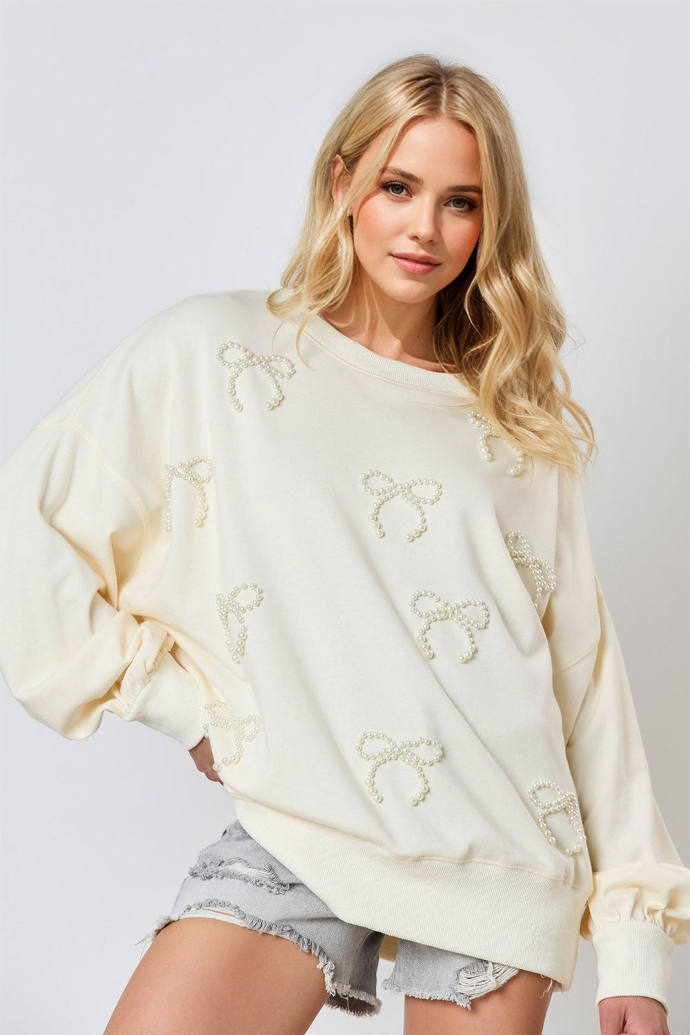 Outfit Flow - Pearl Bow Round Neck Dropped Shoulder Sweatshirt