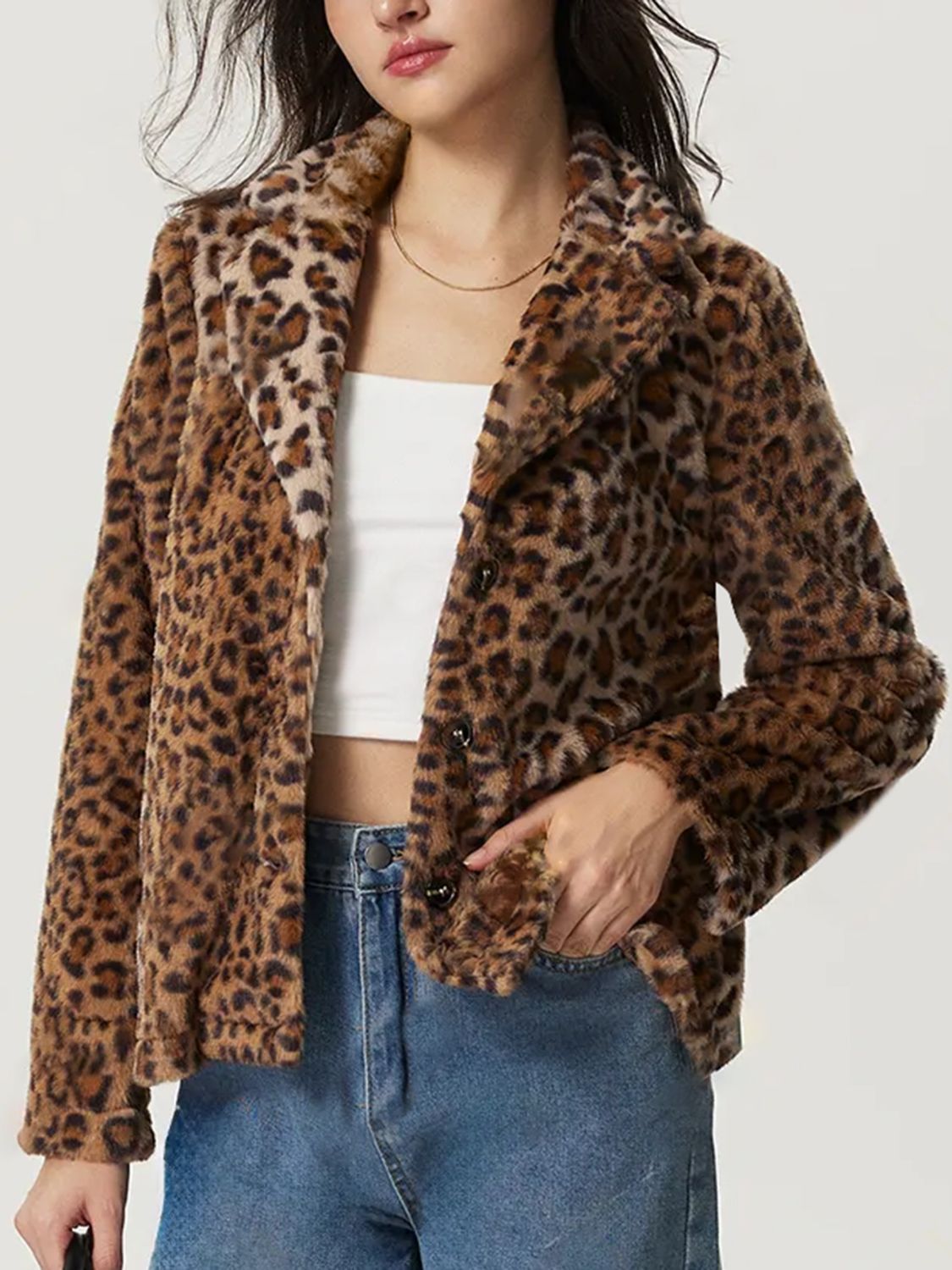 Outfit Flow - Fuzzy Leopard Collared Neck Jacket