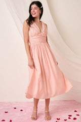 Mittoshop Ruched V-Neck Sleeveless Midi Dress Blush OutfitFlow