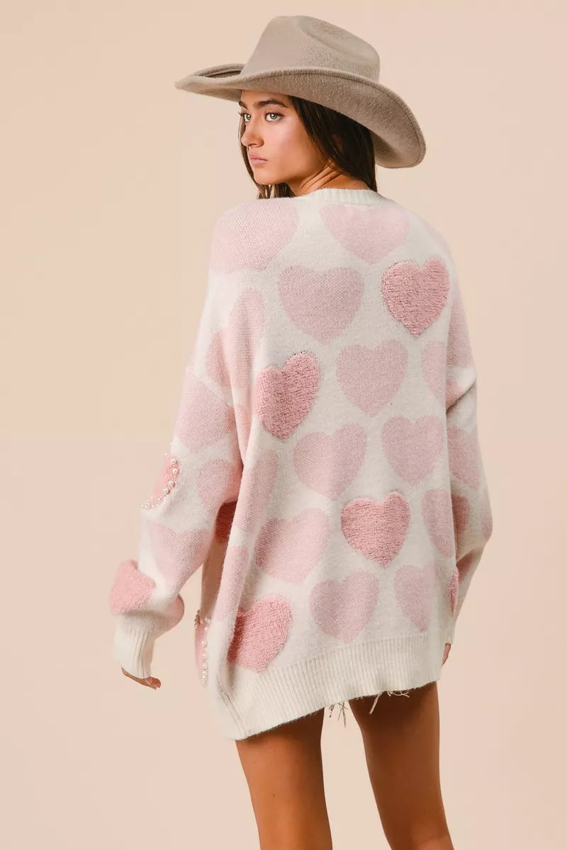 BiBi Heart Pattern Sweater with Pearl Detail OutfitFlow