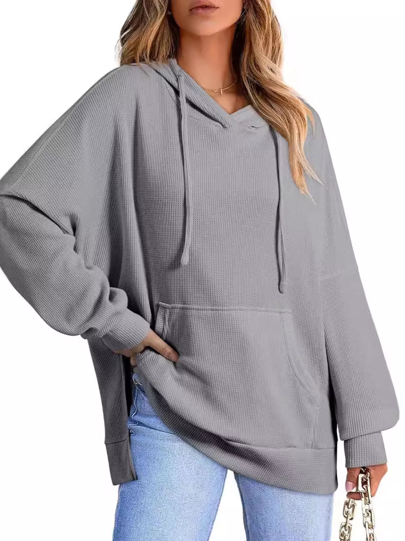 High-Low Hoodie with Kangaroo Pocket Gray OutfitFlow