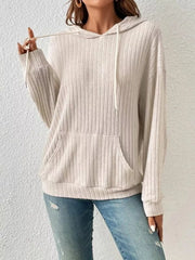 Ribbed Knit Long Sleeve Drawstring Hoodie Apricot OutfitFlow
