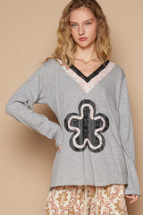 POL Lace Flower Patch Long Sleeve T-Shirt Gray OutfitFlow