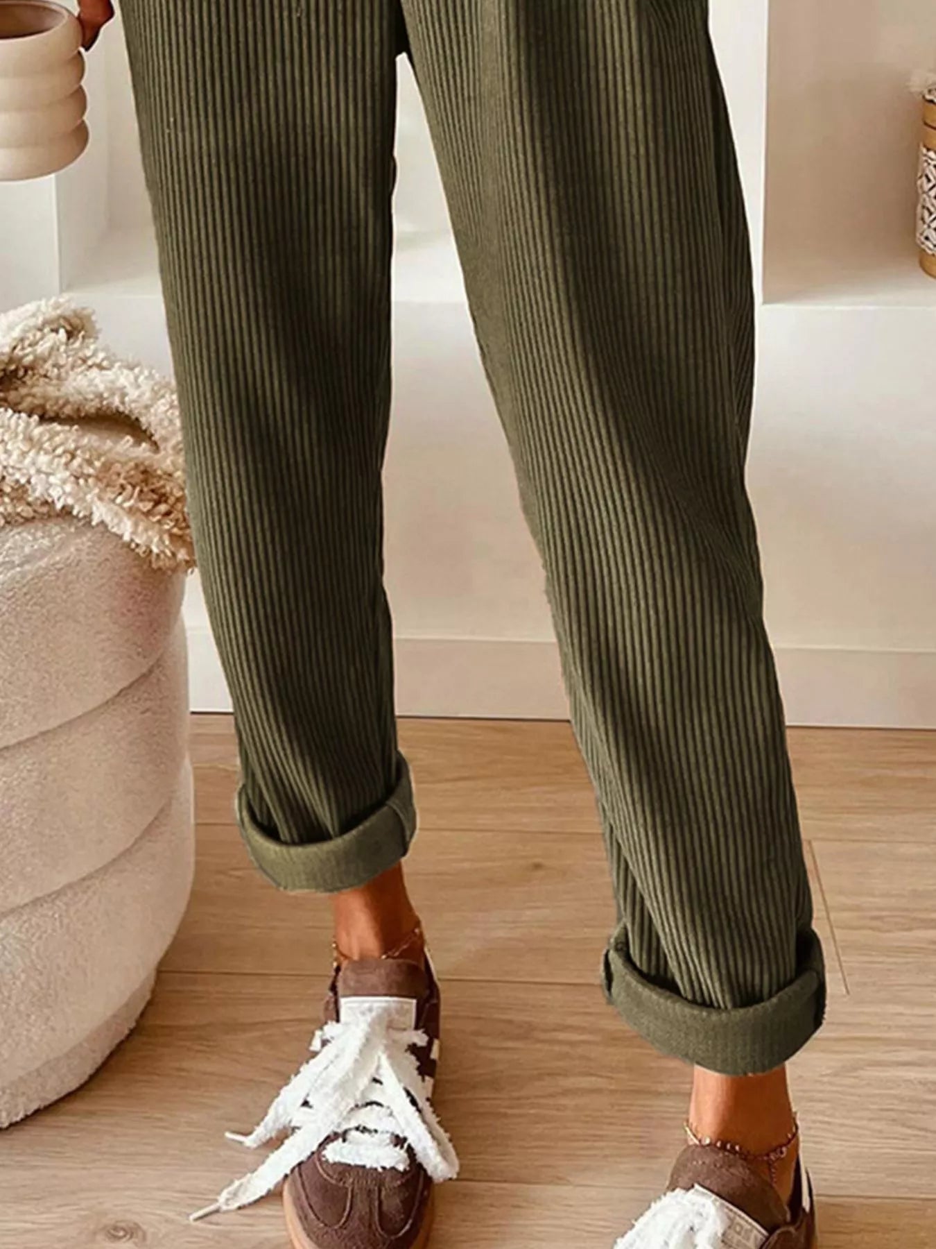 Casual Corduroy Drawstring Waist Pants OutfitFlow