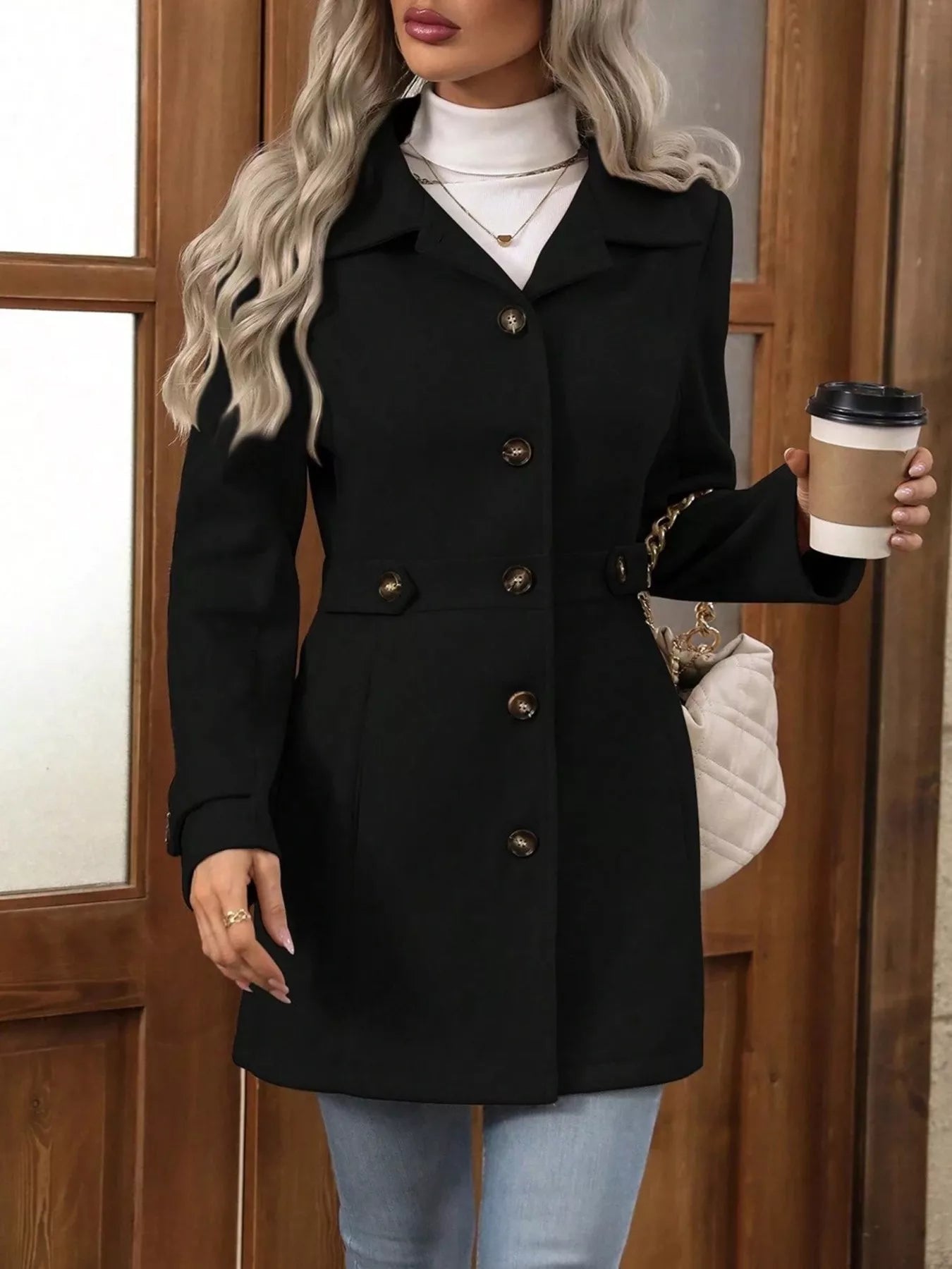 Button Up Long Sleeve Coat Black OutfitFlow