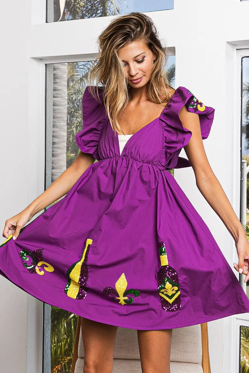 BiBi Mardi Gras Sequin Embroidery Ruffled Dress OutfitFlow