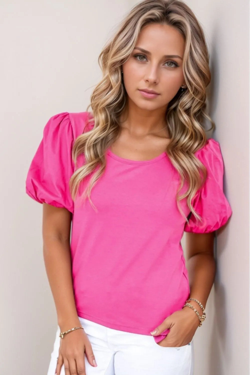 Casual Round Neck Bubble Sleeve T-Shirt OutfitFlow